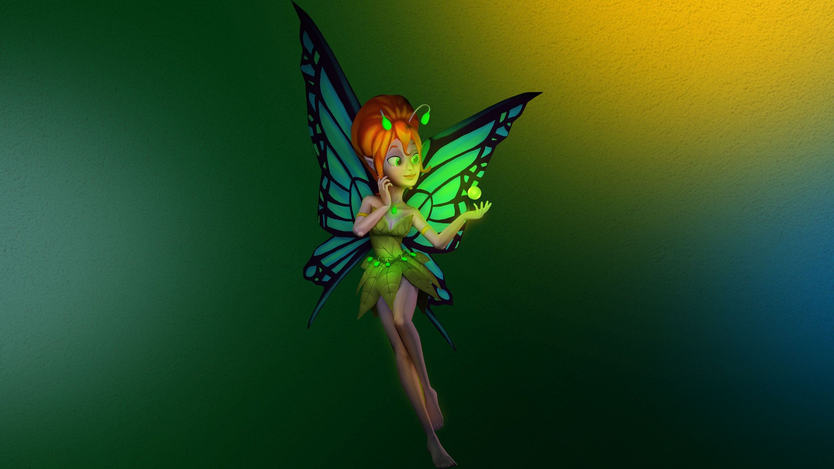 A fairy with vibrant green and blue wings, wearing a green dress, holds a glowing orb in a magical, colorful background.
