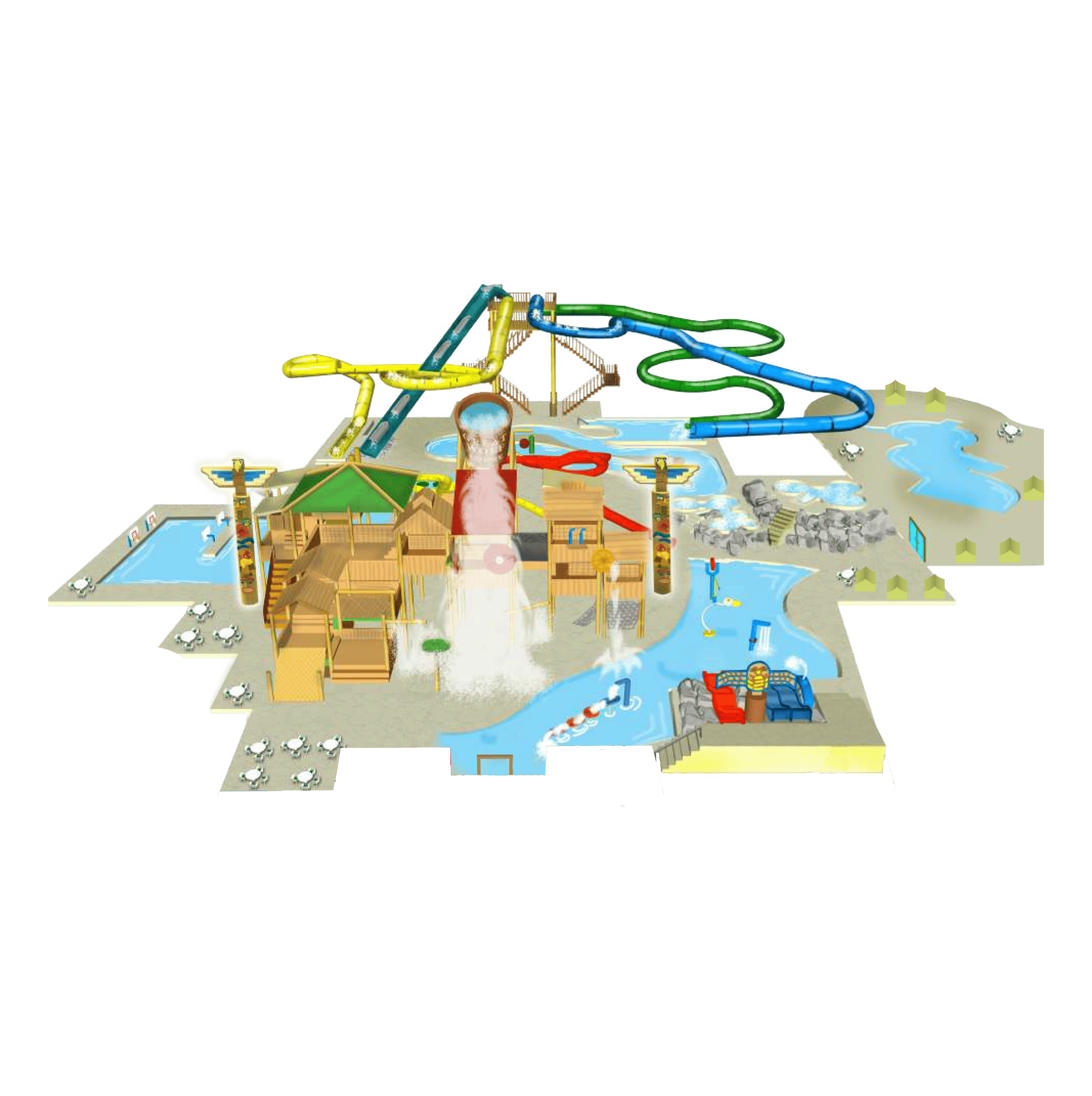 A colorful water park map featuring multiple slides, a large wooden water play structure, pools, and surrounding pathways.
