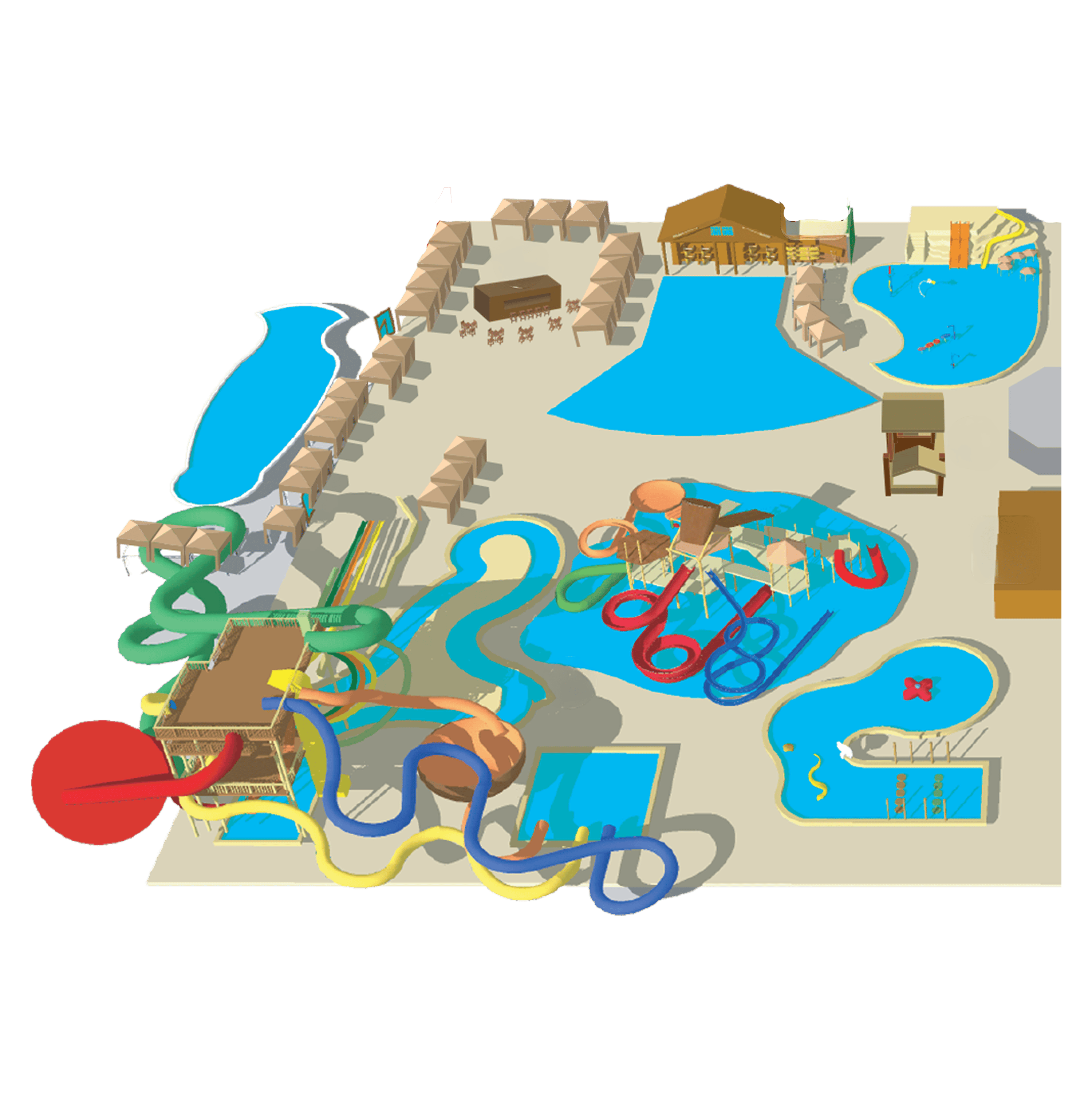 Illustration of a water park with colorful slides, pools, cabanas, and lounging areas, showing multiple fun attractions for visitors.