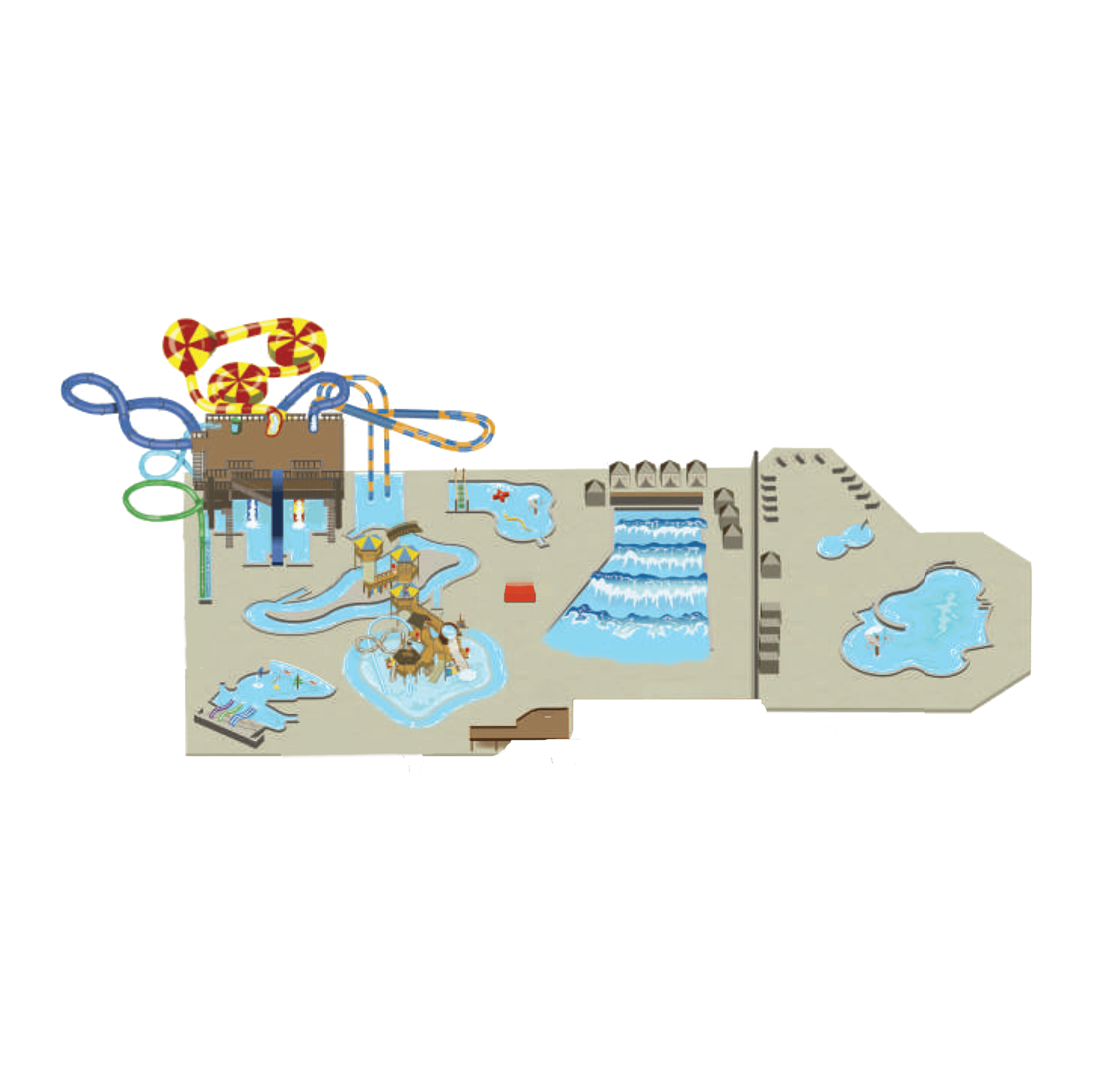 Map of a water park with slides, wave pool, lazy river, and splash areas.