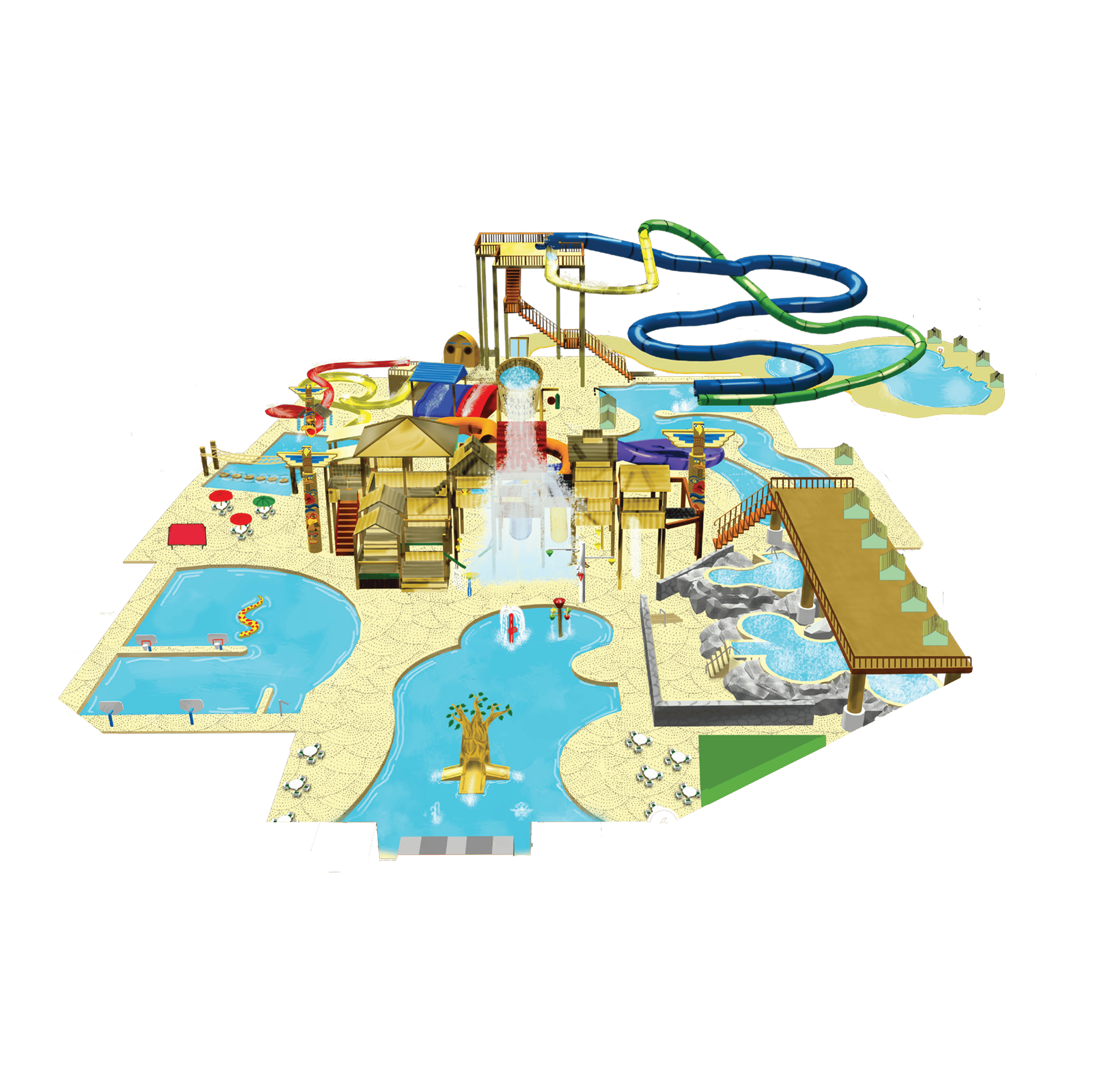 Aerial view of a colorful water park with multiple slides, splash zone, lazy river, and pools, surrounded by seating areas and cabanas.