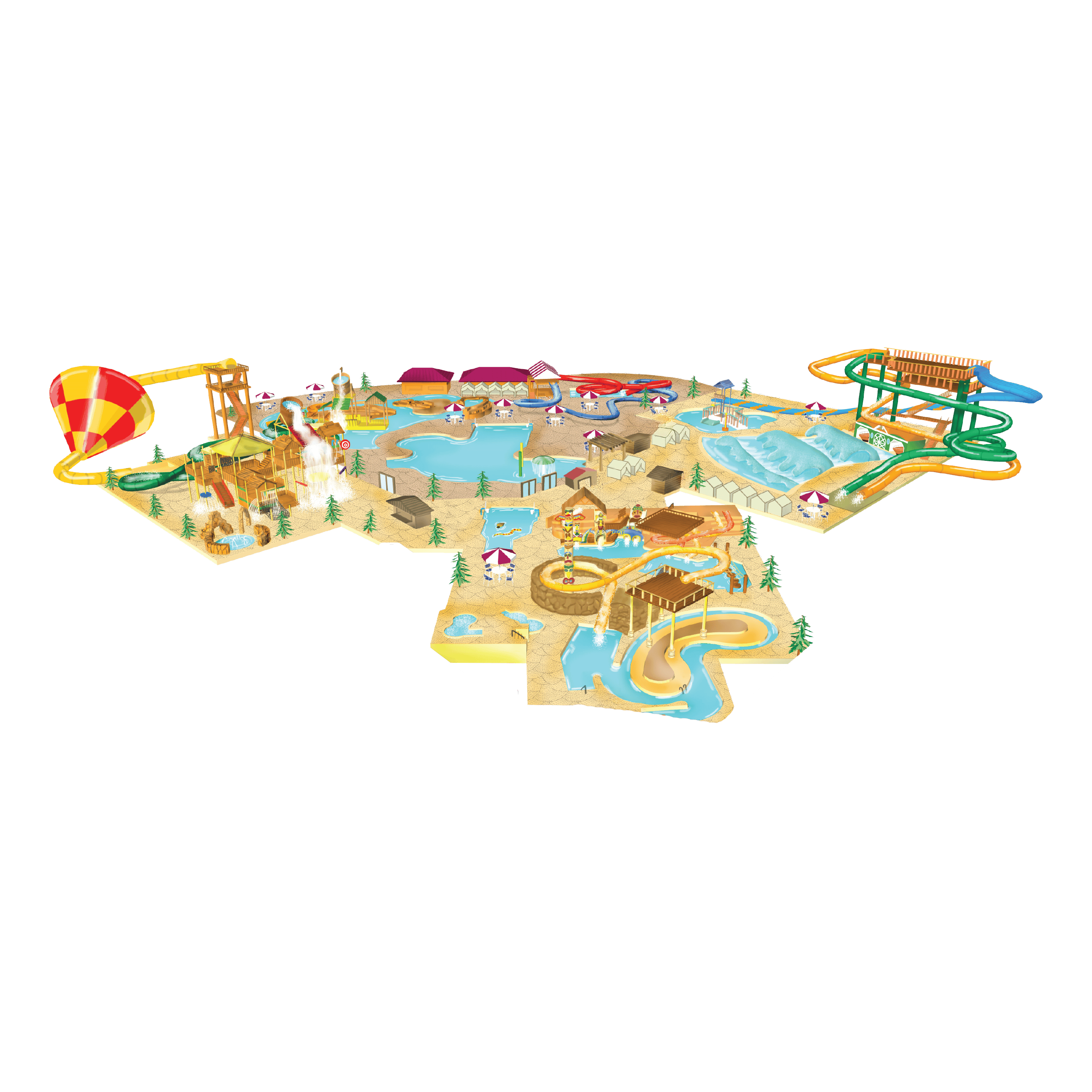 Illustrated map of a water park with various slides, pools, and attractions, including a large funnel slide and multiple winding tubes.