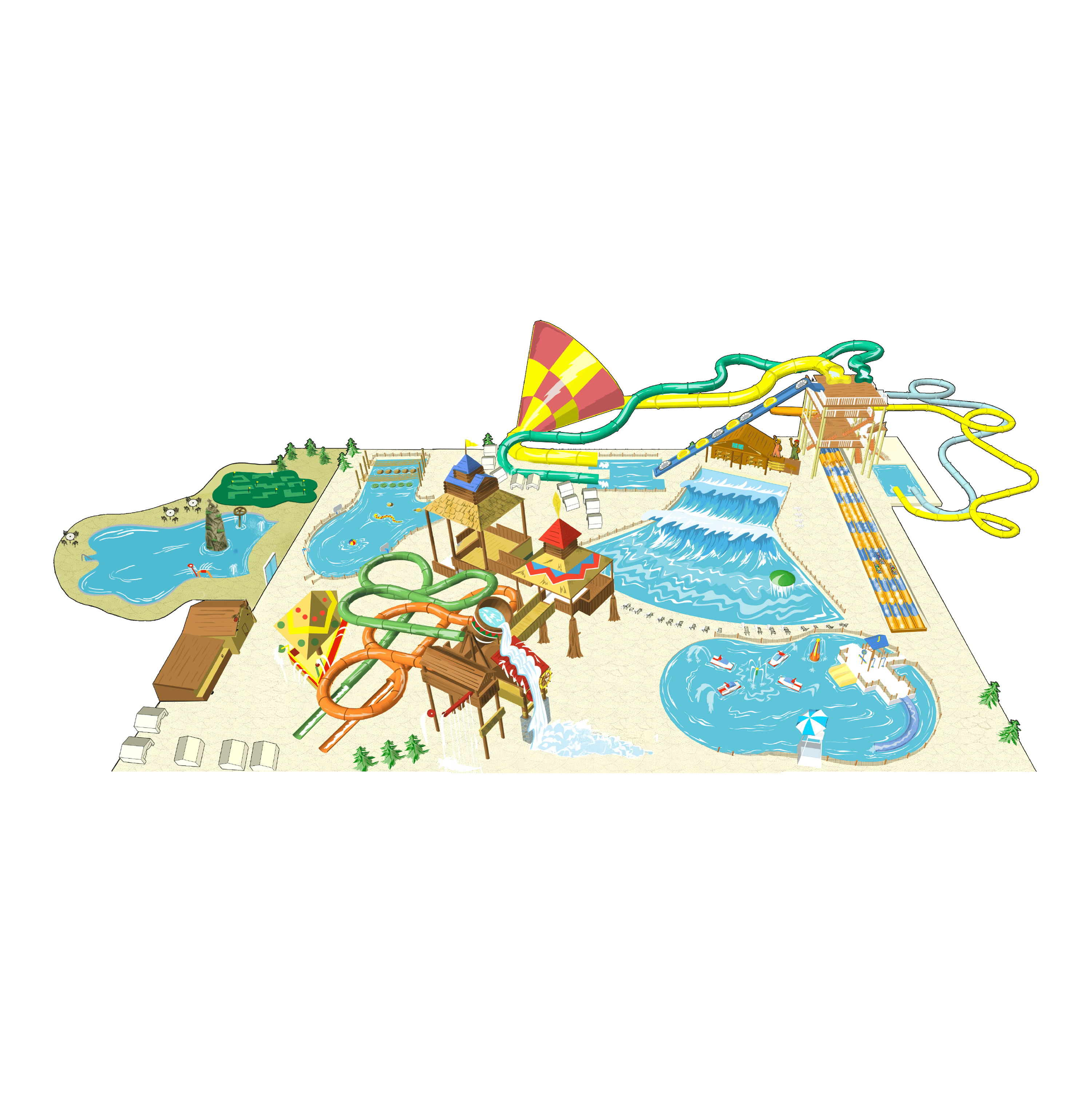 Illustrated water park with various attractions including pools, water slides, a lazy river, wave pool, and splash area with sandy paths and seating.
