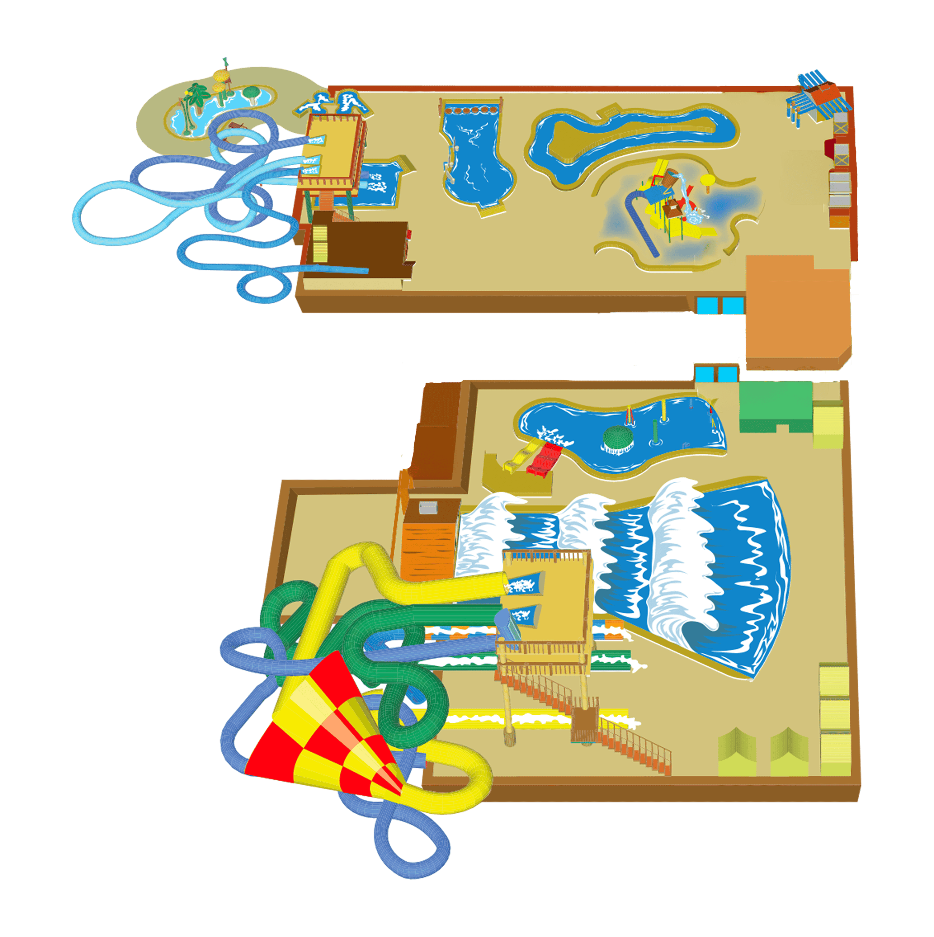 Illustrated map of a water park with winding slides, pools, wave pool, and water features, showing various water attractions and seating areas.