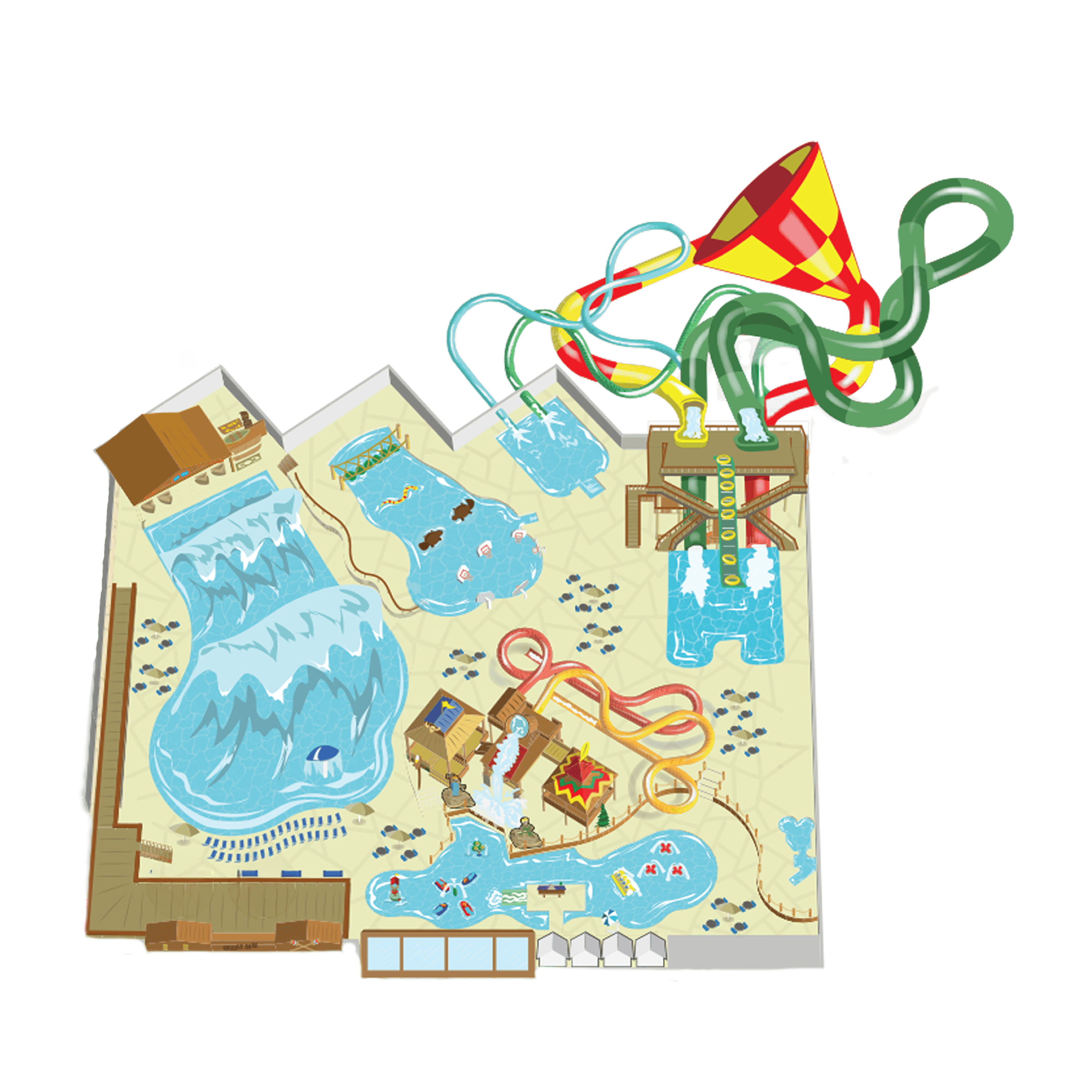 Illustrated map of an indoor water park featuring various pools, slides, a lazy river, and a large funnel slide.