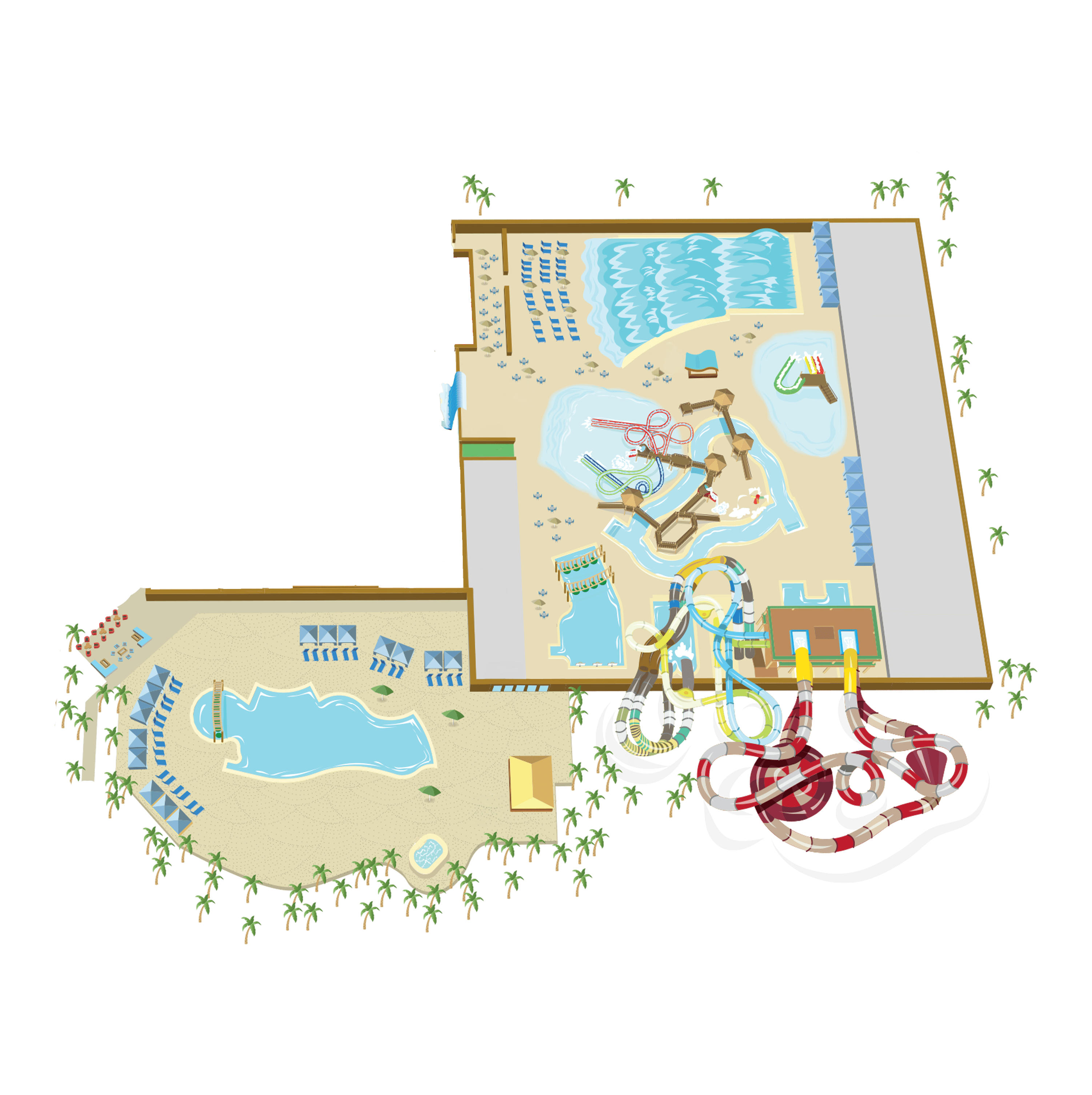 Illustration of a water park layout with slides, pools, a wave pool, sun loungers, and palm trees surrounding the area.