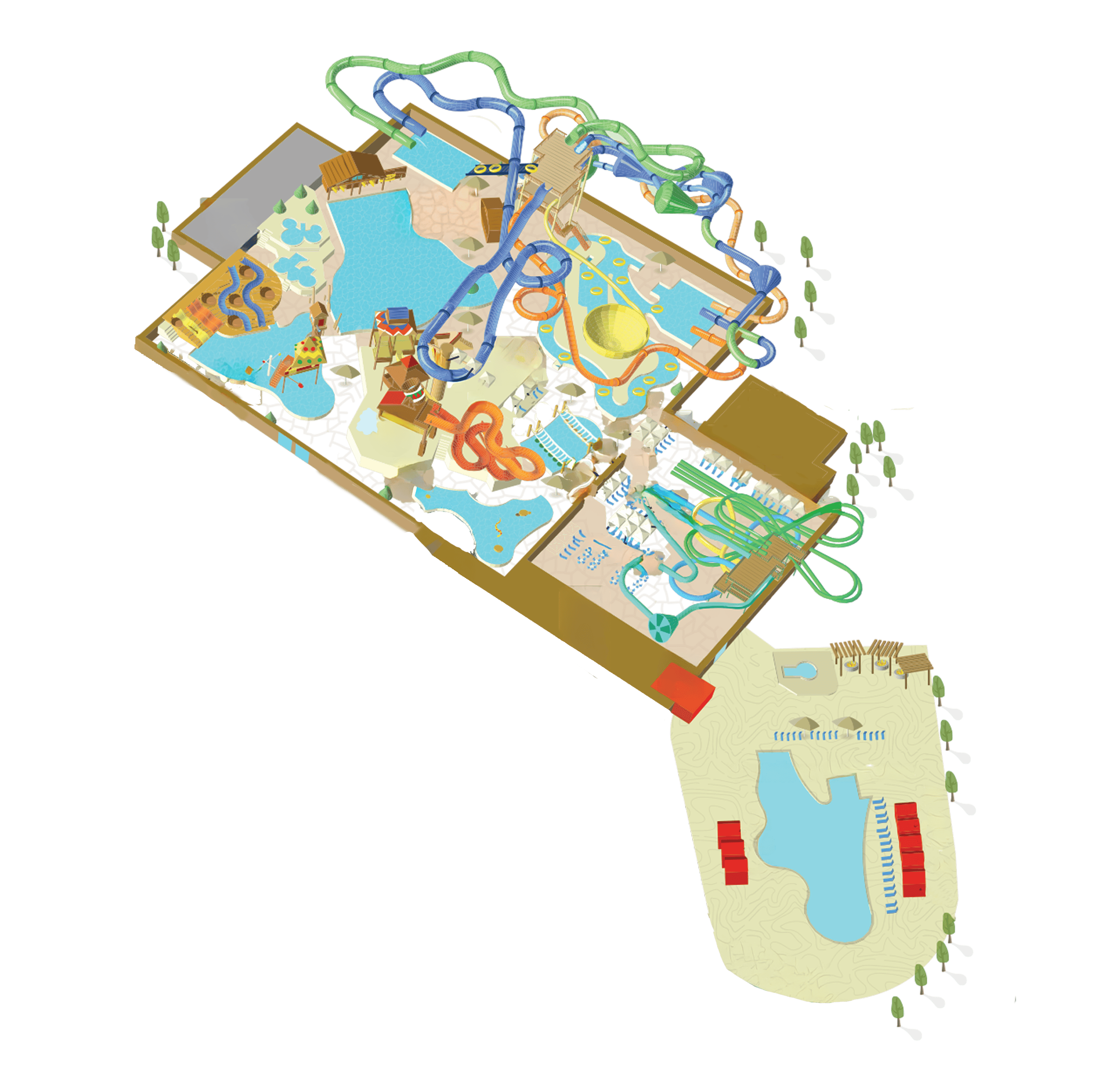 Illustrated layout of an indoor water park, featuring colorful slides, pools, lazy rivers, and seating areas.