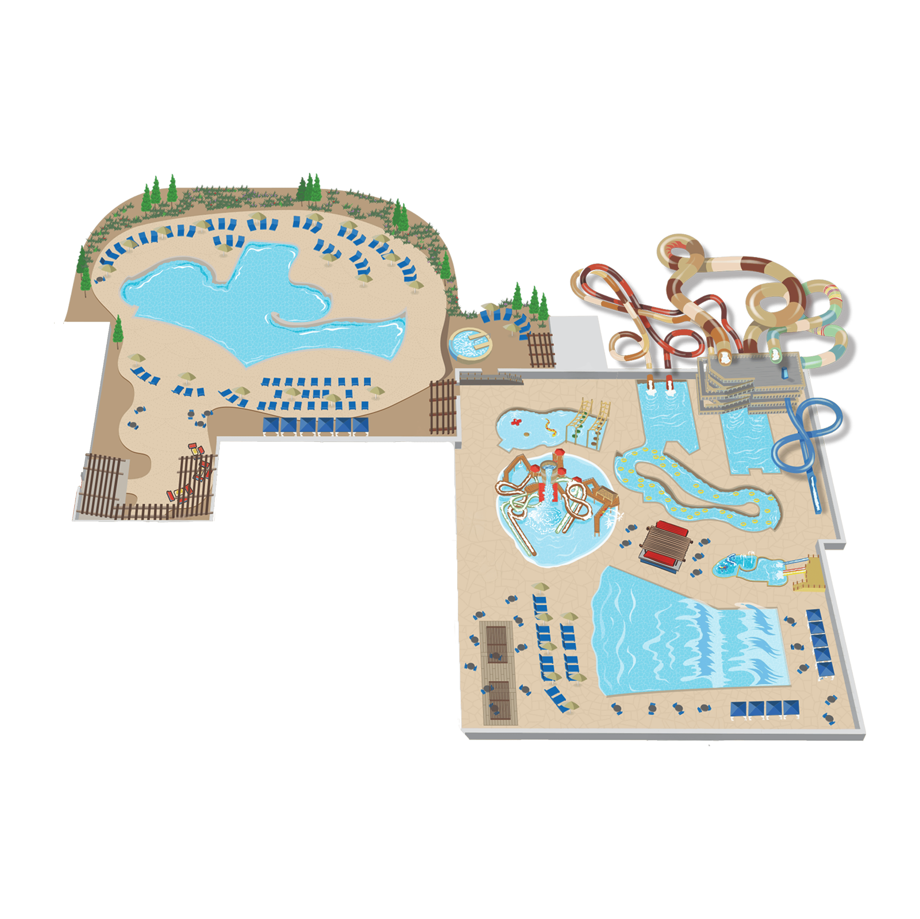 Illustrated map of an outdoor waterpark featuring multiple pools, waterslides, and lounging areas with blue loungers and greenery.