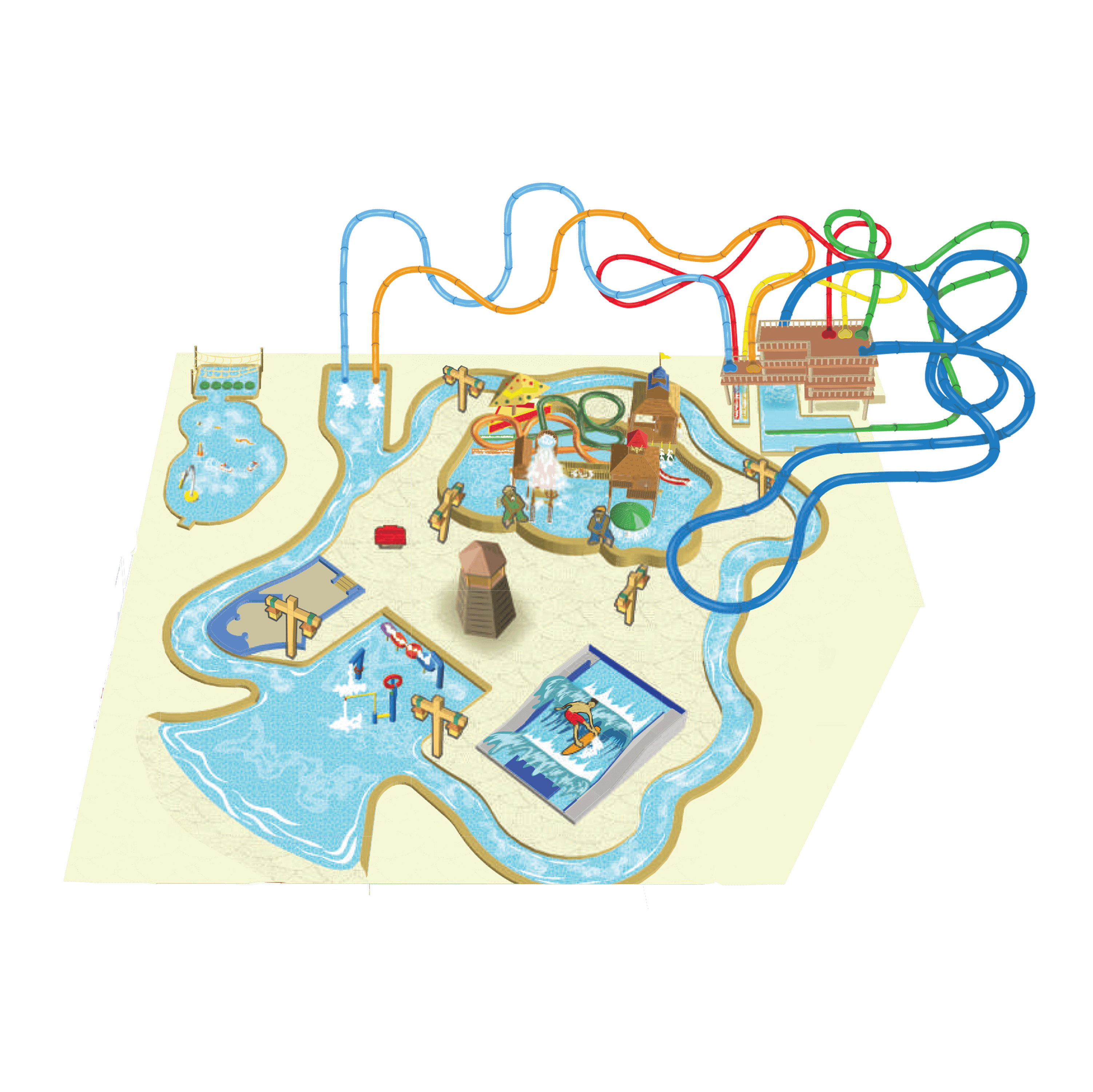 An overhead view of a colorful waterpark map featuring slides, pools, a lazy river, and various attractions arranged across the area.