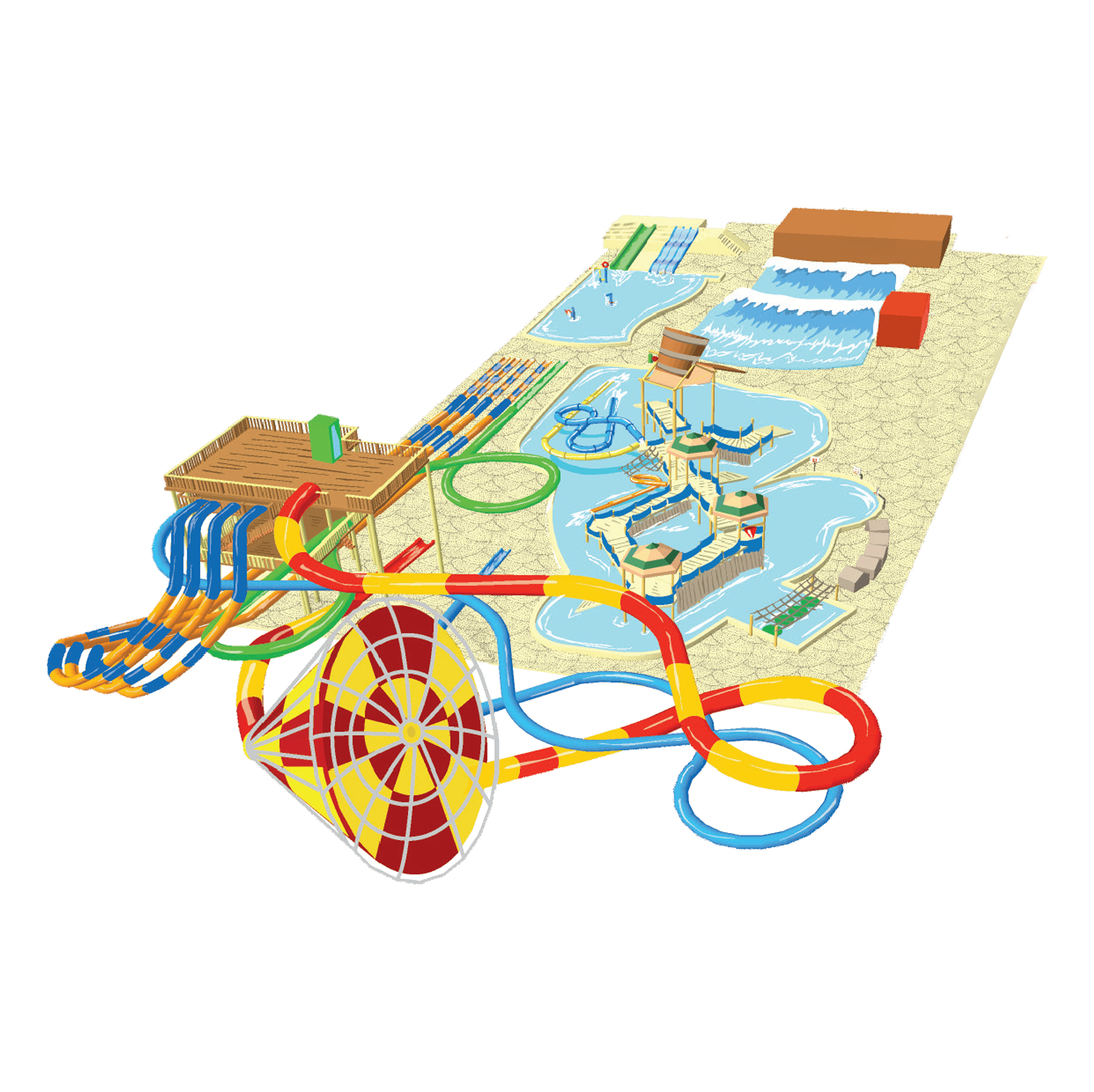 Illustration of a colorful water park design with slides, pools, and a wave pool on a sandy landscape.
