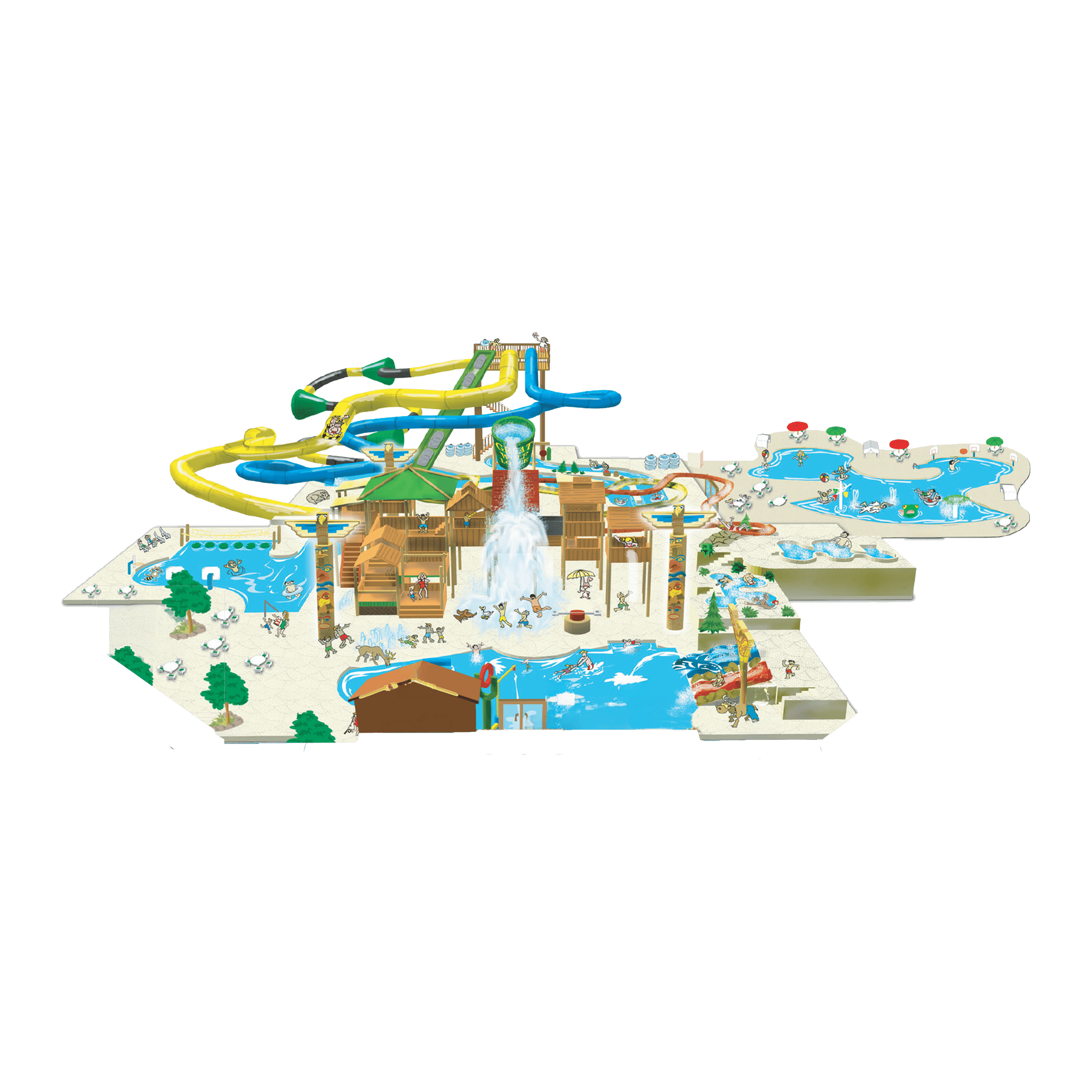 Illustrated water park layout with colorful slides, splash areas, pools, and a central play structure featuring a large tipping bucket.