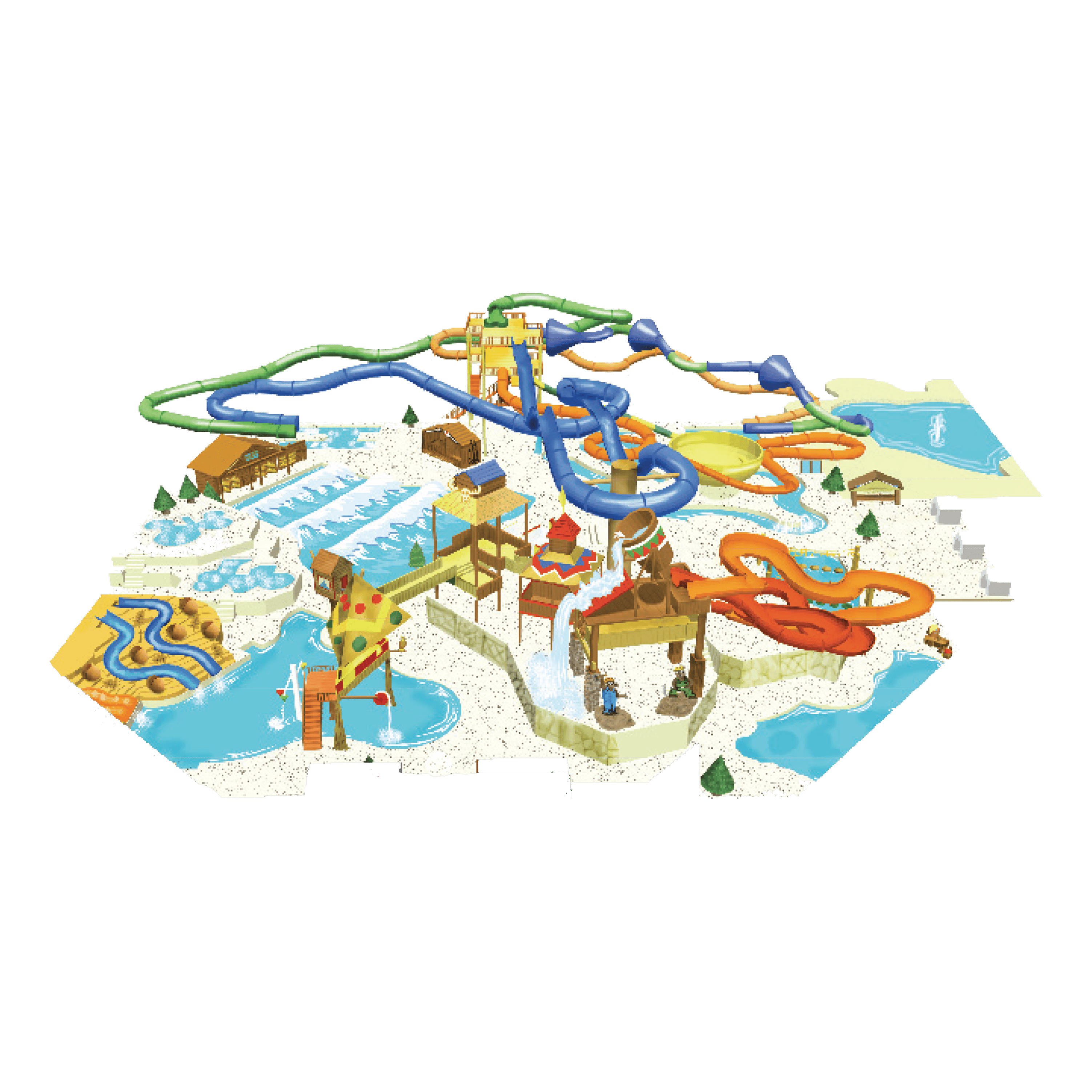 Illustrated map of a water park with colorful winding slides, wave pools, and themed play areas on a sandy landscape.
