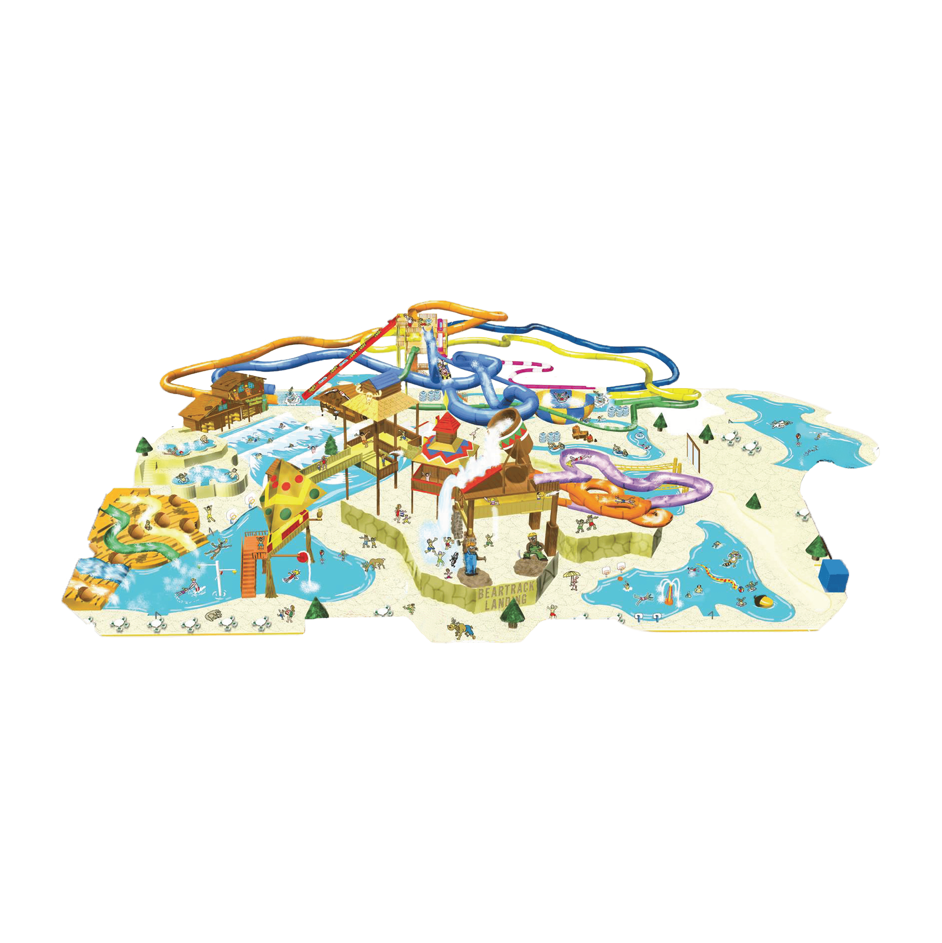 Illustration of an indoor water park with multiple slides, wave pools, and themed areas featuring attractions and family activities.