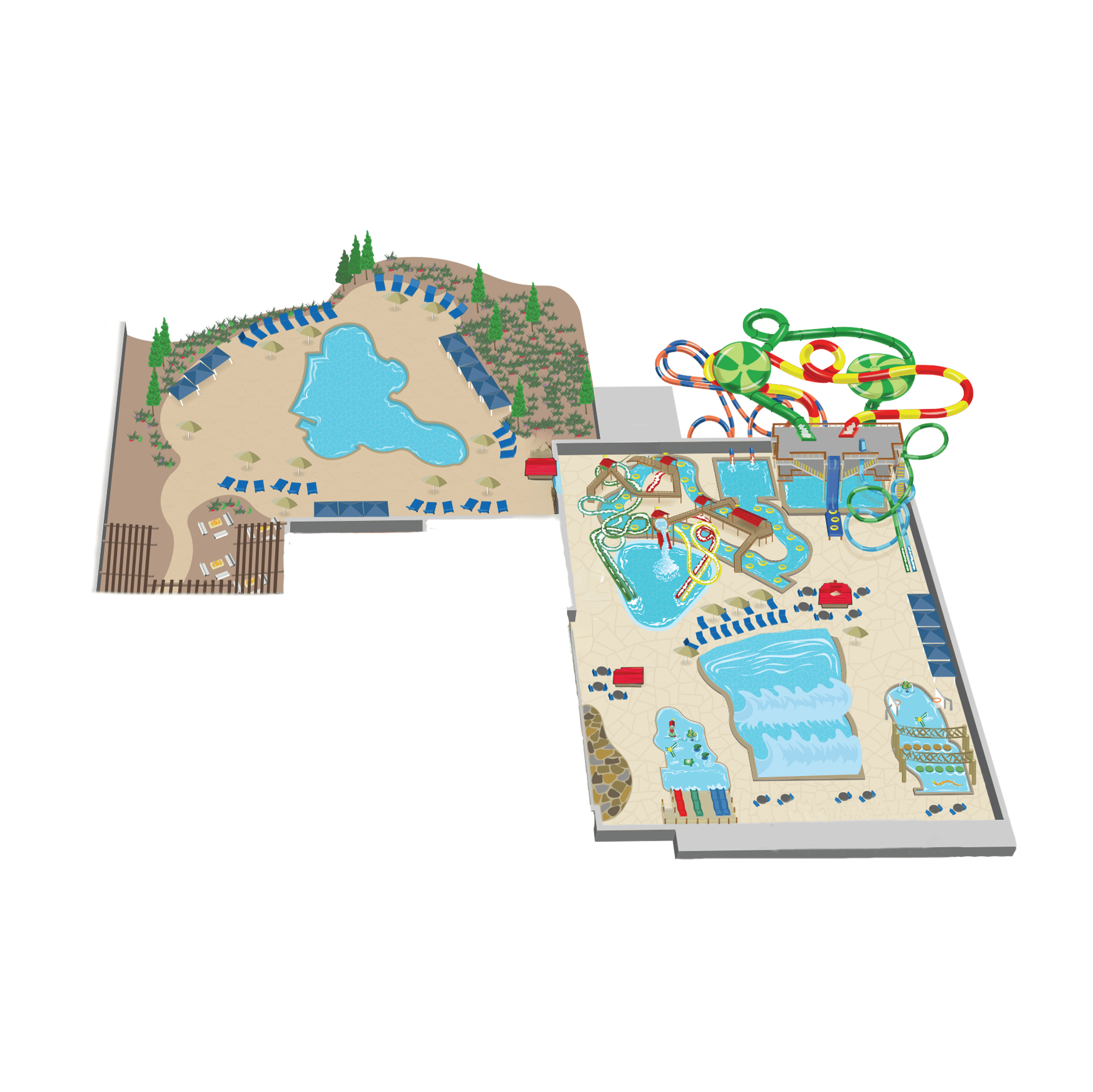 Aerial view of a water park layout with various pools, water slides, seating areas, and surrounding greenery.