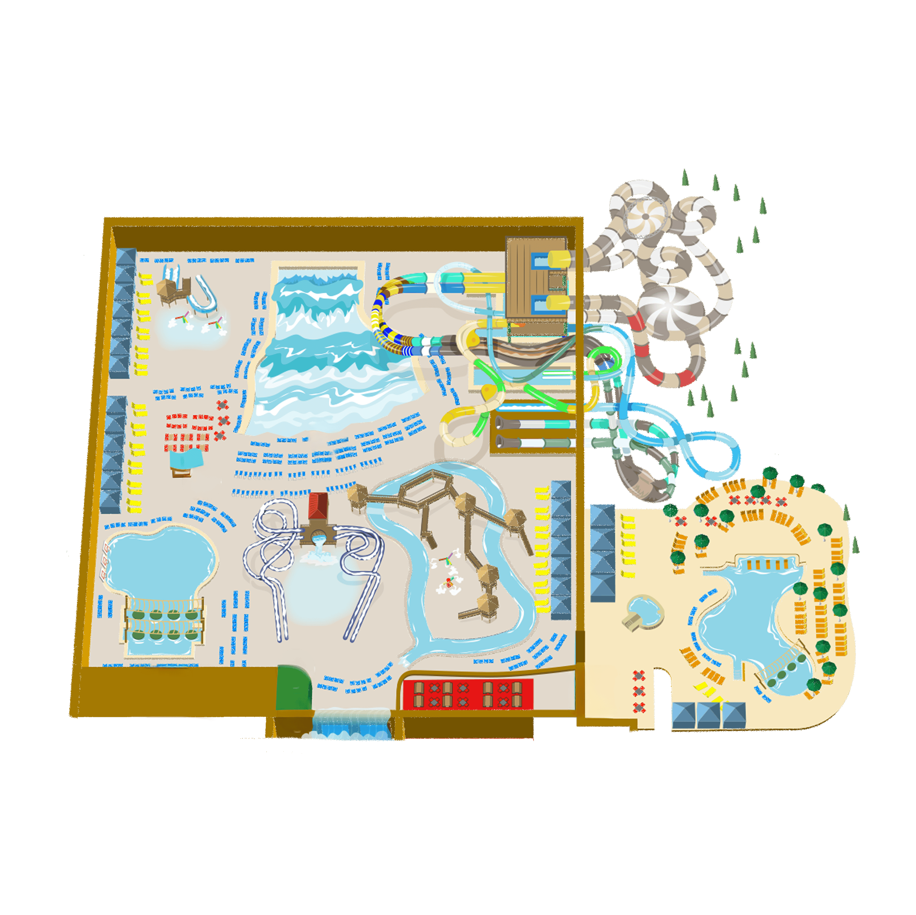 Illustrated map of an indoor water park with wave pools, slides, lazy rivers, and seating areas, surrounded by a small outdoor section with more pools.