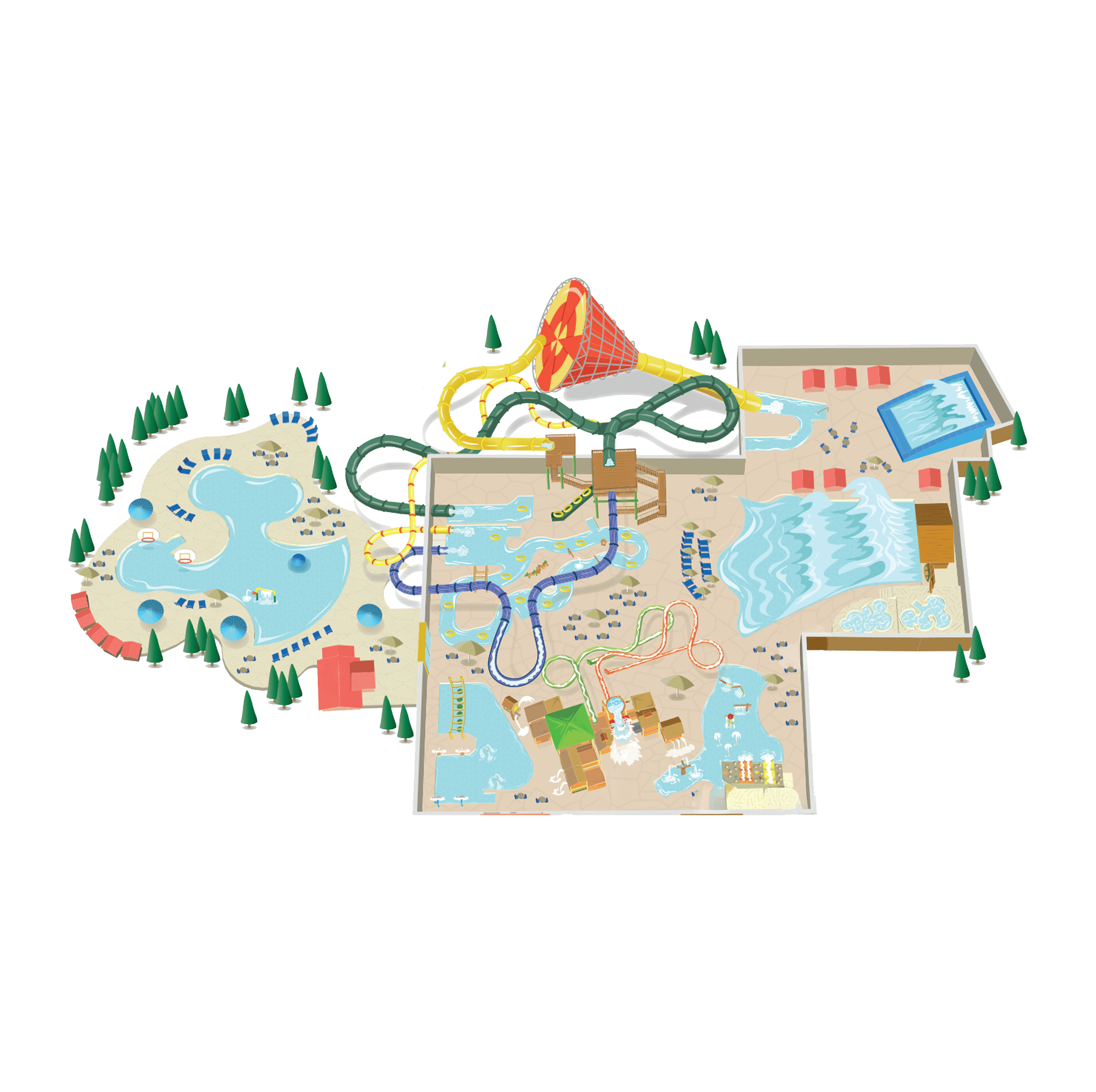 Illustrated map of a water park featuring swirling slides, wave pools, splash areas, and surrounding greenery.