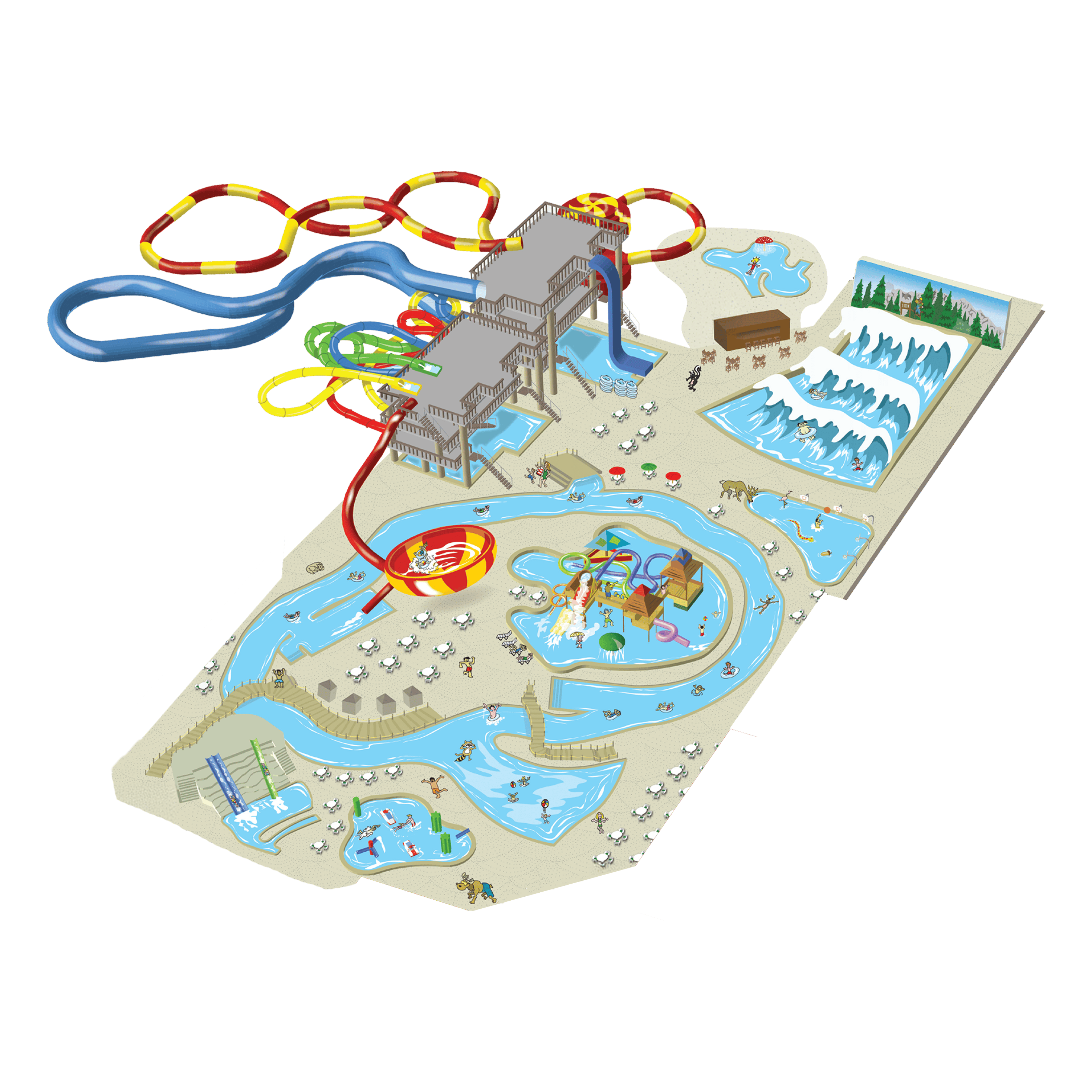 Illustration of a water park layout with colorful water slides, pools, lazy river, wave pool, and seating areas on a sandy landscape.