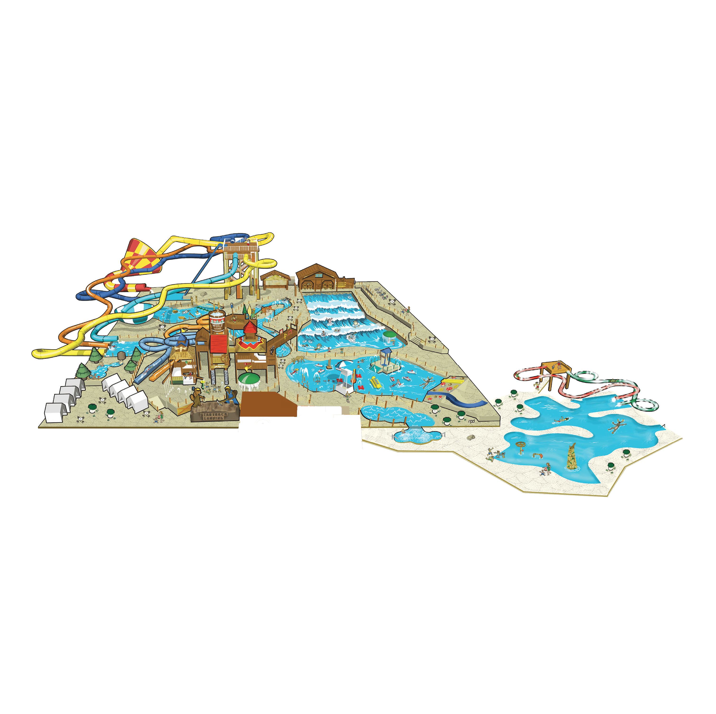 Illustrated map of a water park with various pools, wave machines, slides, and attractions, including a lazy river and mushroom fountains.