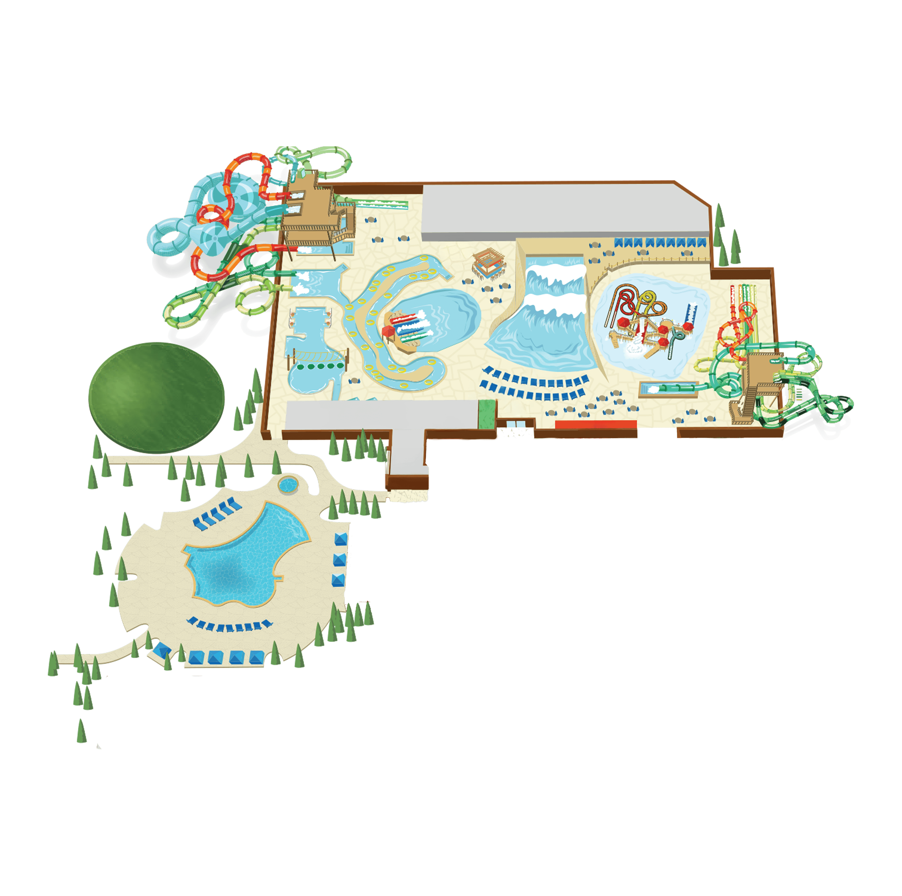 Illustrated map of an indoor waterpark with pools, slides, a lazy river, and seating areas, surrounded by trees and an outdoor pool area.