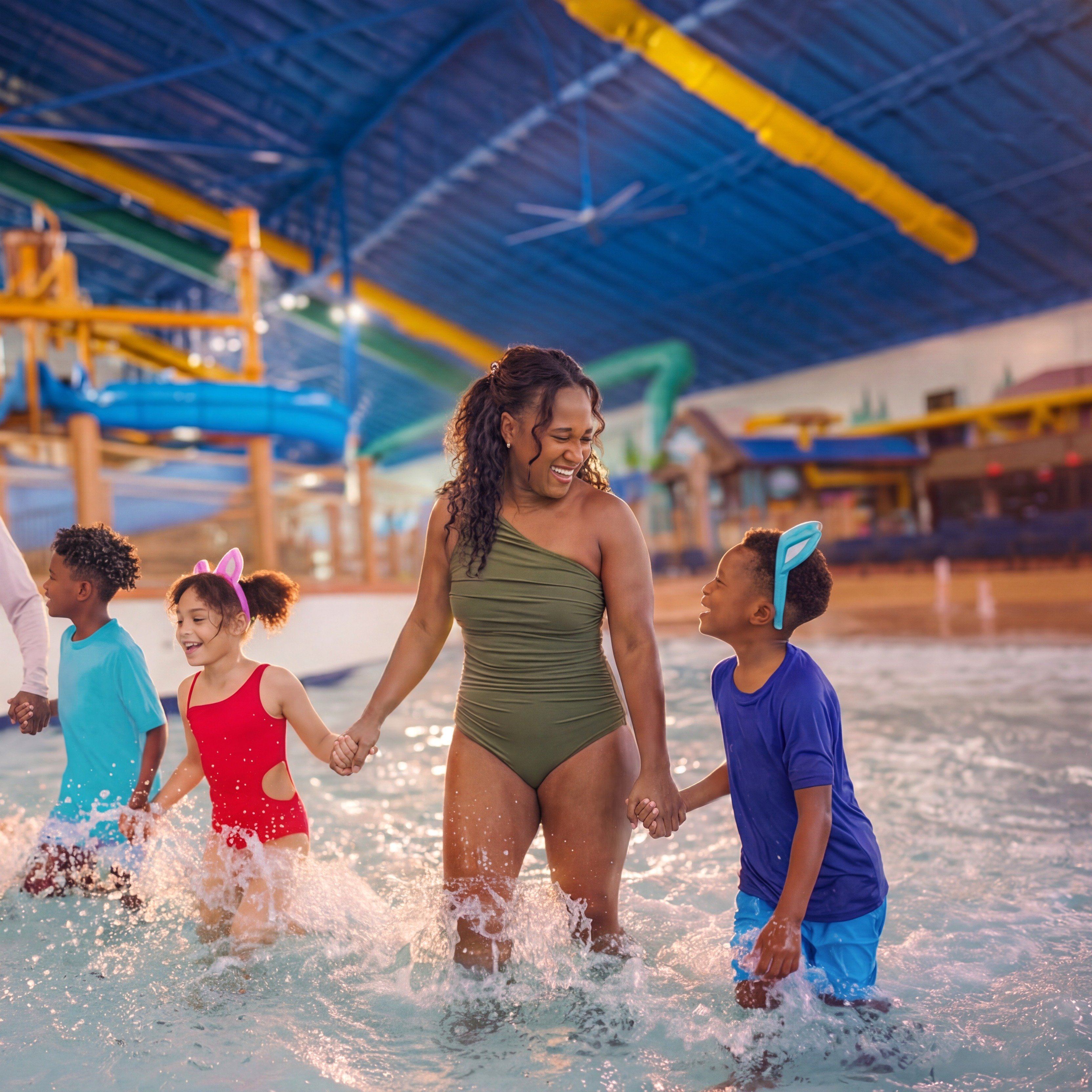 A family of five smiling and holding hands while walking through an indoor water park with colorful slides in the background.